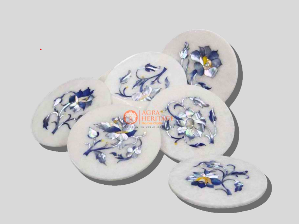 Handmade White Marble Lapis Floral Coaster Set